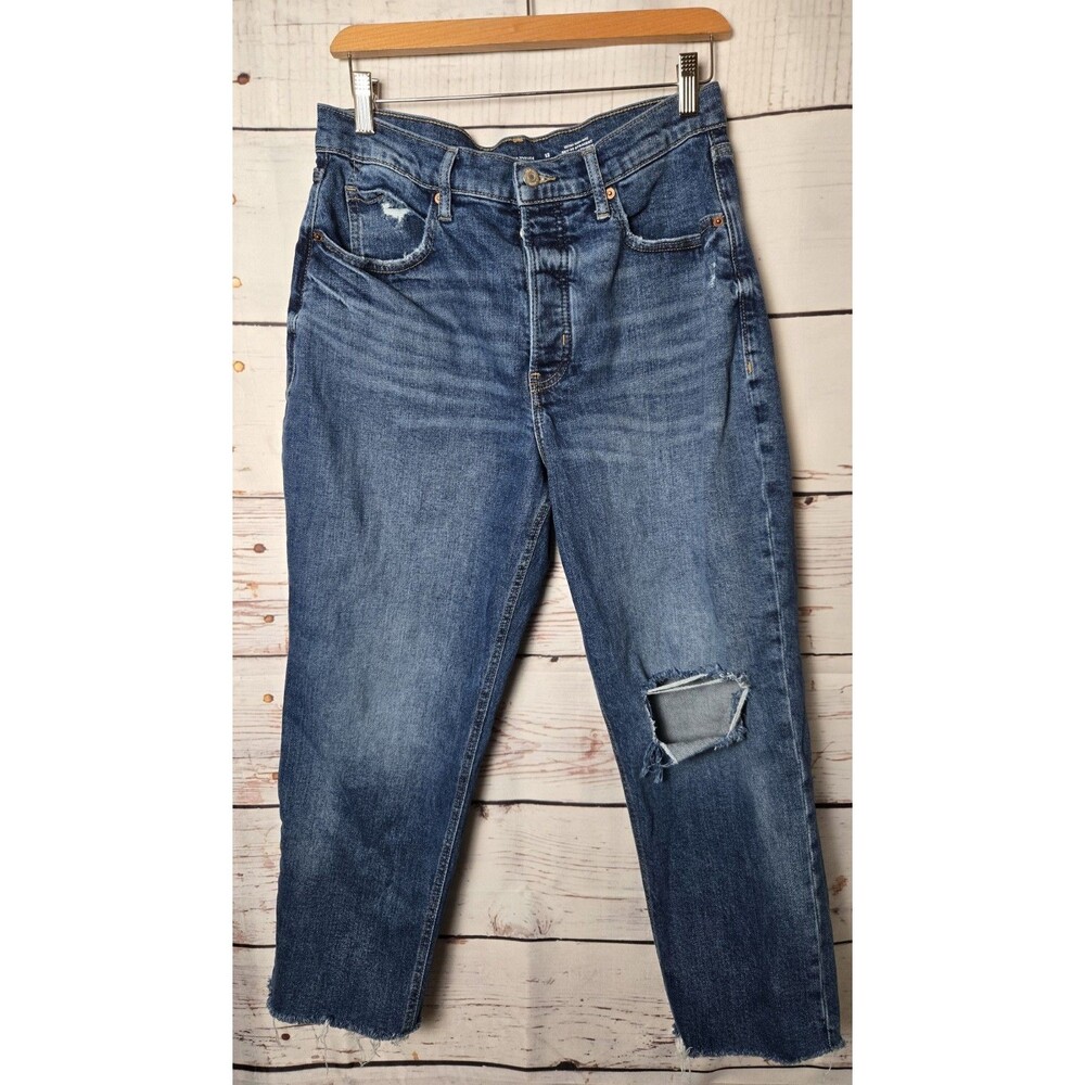 Old Navy Womens Jeans 12P Distressed Extra High Rise Sky- Hi Straight Raw Hem